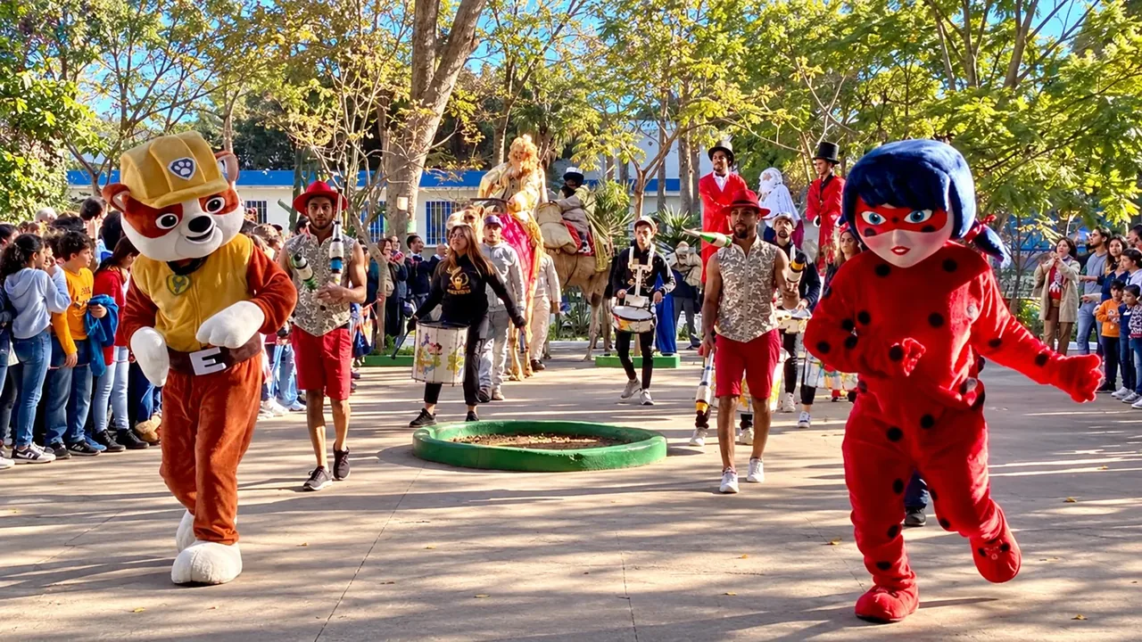 Parade de mascottes et artistes à une kermesse