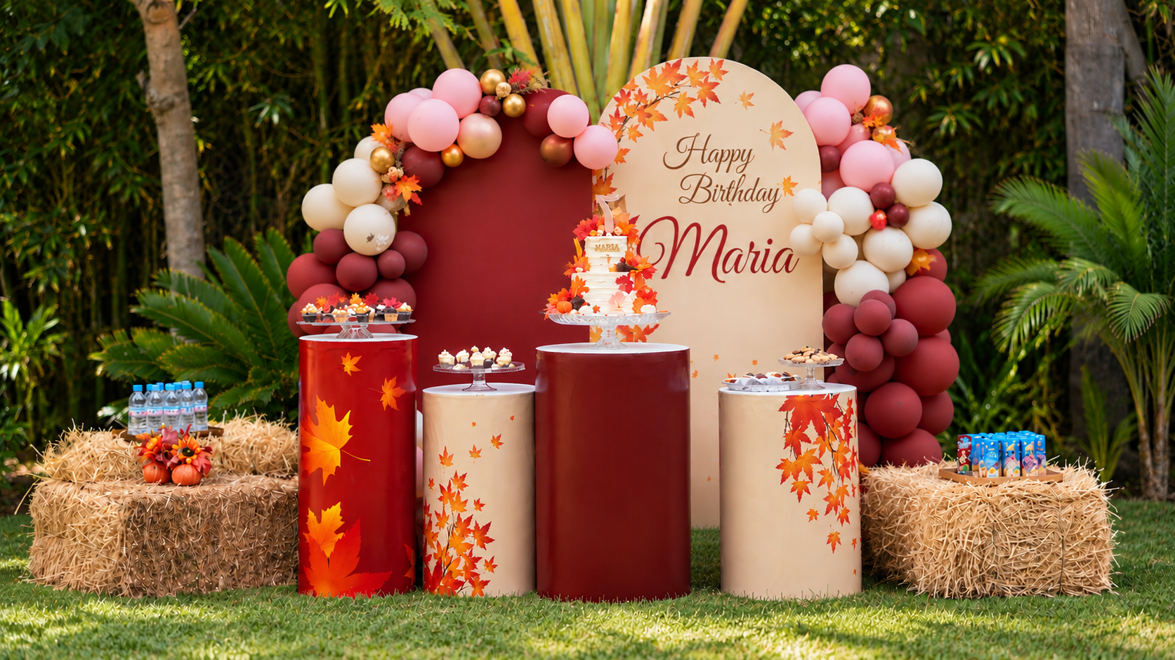 Décoration d’anniversaire au jardin, ballons et thème automnal
