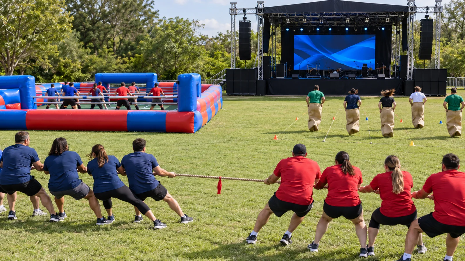 Team building en plein air avec jeux collectifs et scène événementielle