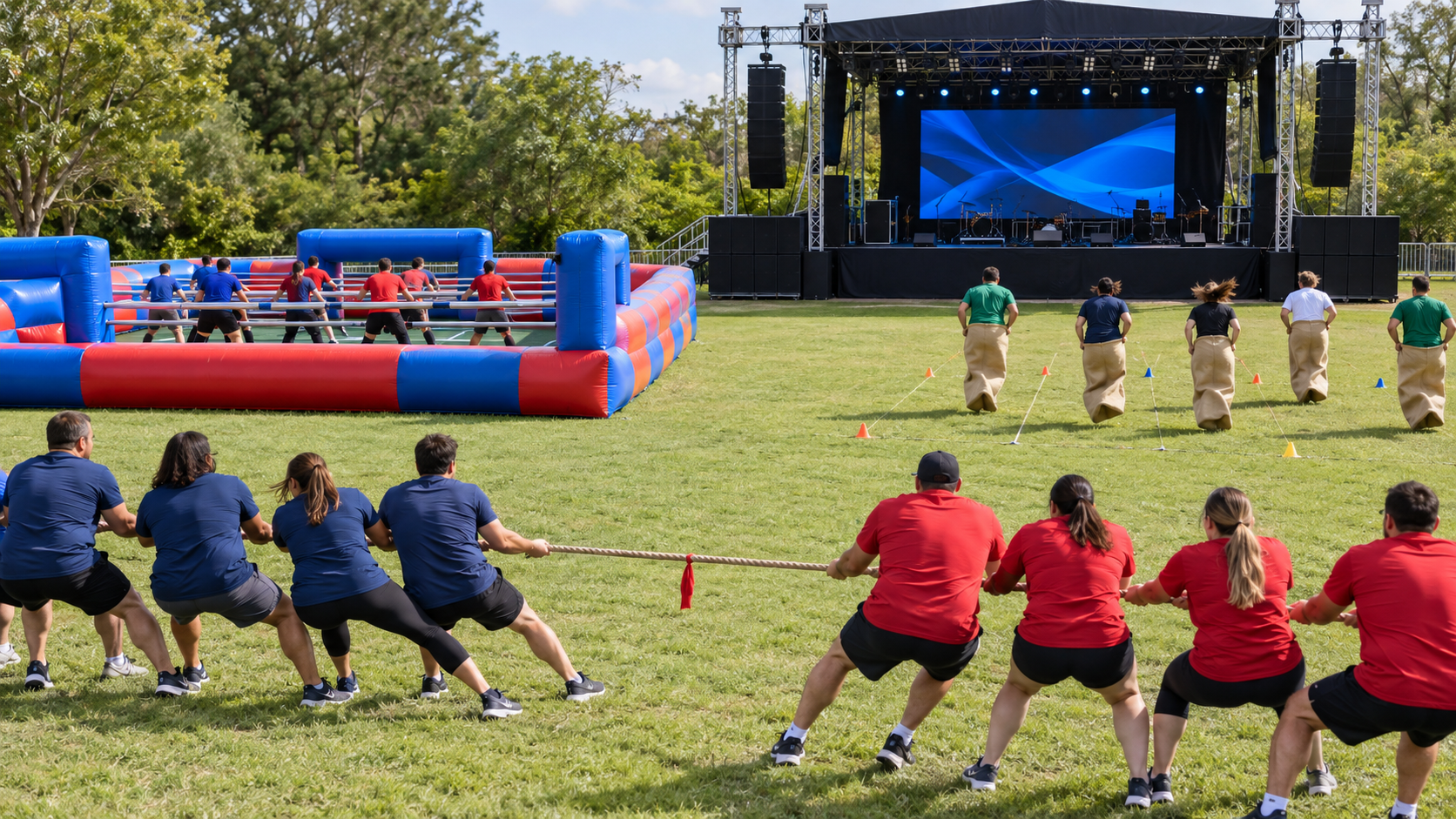 Team building en plein air avec jeux collectifs et scène événementielle