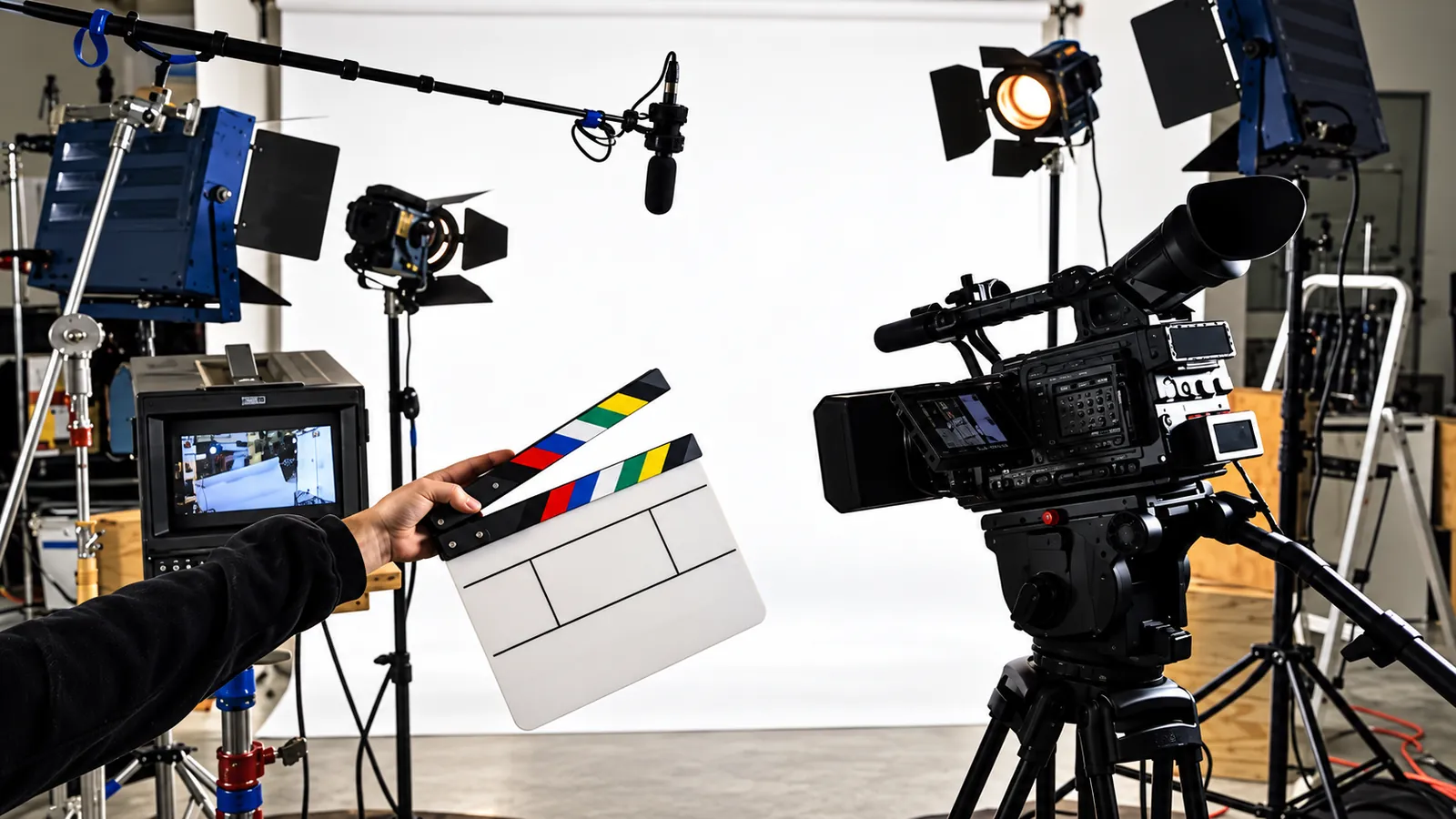 Caméra, clap et éclairages sur un plateau de tournage
