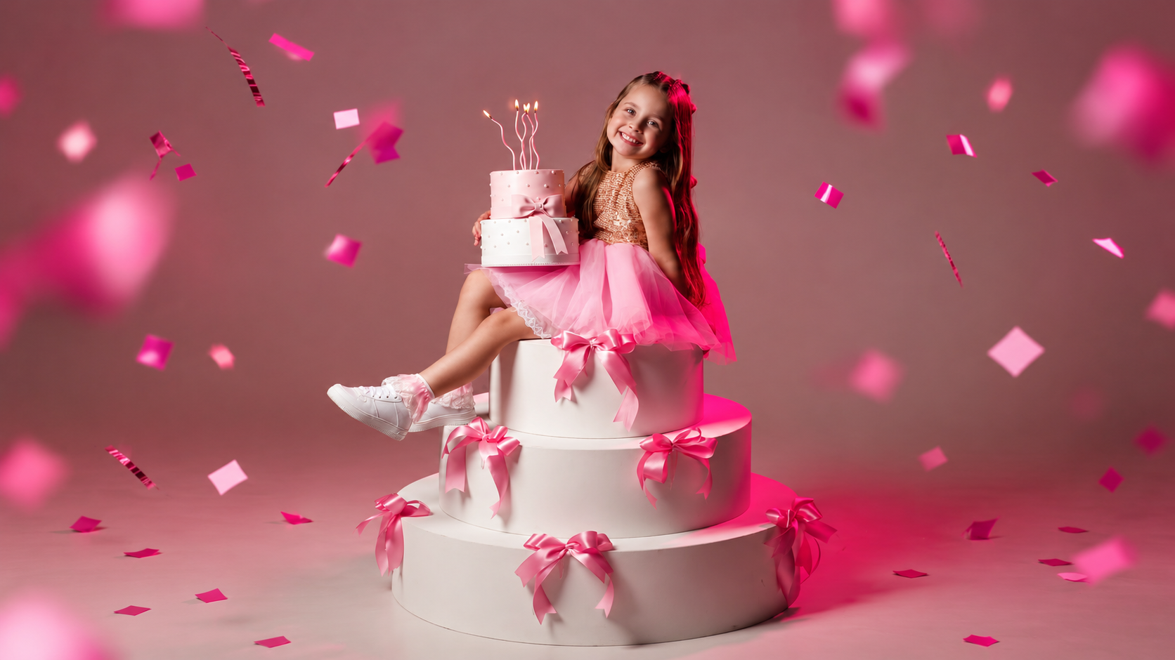 Fillette avec un gâteau d’anniversaire dans un décor rose